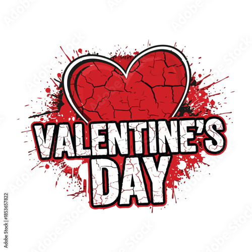 Urban Grunge Valentine's Day Illustration Featuring Distressed Cracked Red Heart and Graffiti Style Bold Typography