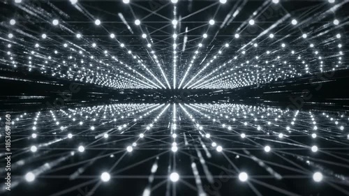 Expanding technological lattice structure composed of bright interconnected nodes and glowing white data lines creating an organized 3D resonant digital field network, seamless, digital