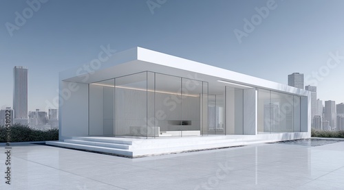Modern minimalist white pavilion with glass walls, cityscape backdrop