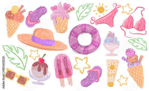 Crayon doodle summer vacation set with ice cream cones, beach accessories and seaside elements - bikini and inflatable ring, hat and popsicles, flip flops and sunglasses. Chalk holiday illustrations