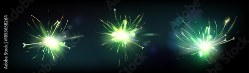 Electric welding sparks with firecracker fire explosion effect. Metal grinder sparkle and flame light bursts - realistic bright flare particles flying from torch work isolated on dark backdrop.