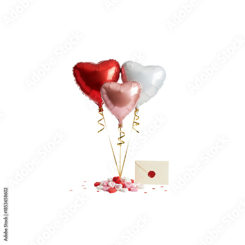 A 3d vector design of red heart shaped helium balloons for a happy Valentine's Day celebration, symbolizing love and romance as a decorative party gift for a wedding or birthday