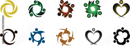 Collection of various colorful people icons and heart symbols in different styles and colors