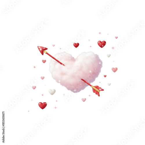 Romantic valentine illustration featuring a pink heart cloud shape with a cupid arrow and sparkle hearts design on a decorative art pattern