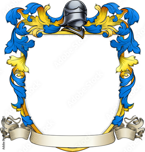 A coat of arms or crest family heraldry medieval heraldic knight shield with helmet and acanthus filigree scroll ornament in a vintage woodcut style.