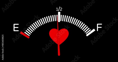 Love gauge meter with low and high level of love. Abstract satisfaction indicator isolated on black background