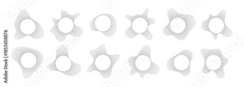 Circular sound visualization with radial wave line pattern vector set. Abstract audio spectrum ring geometric burst shape. Music equalizer graphics with concentric line elements for modern design.
