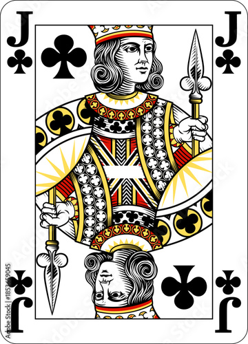 Jack of Clubs design from a new original deck of playing cards. Four pip left handed version with identifier in all four corners.