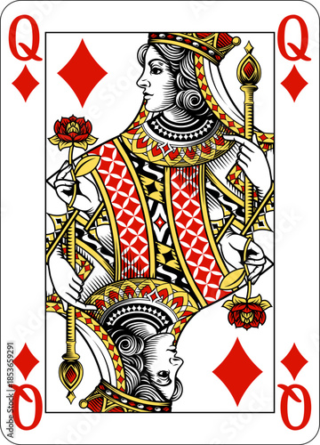 Queen of Diamonds design from a new original deck of playing cards. Four pip left handed version with identifier in all four corners.