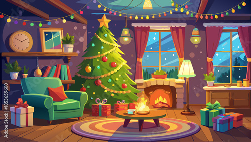 Cozy living room decorated for Christmas with a glowing tree, warm lights, fireplace, sofa, and festive ornaments creating a welcoming holiday home atmosphere