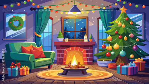 Cozy living room decorated for Christmas with a glowing tree, warm lights, fireplace, sofa, and festive ornaments creating a welcoming holiday home atmosphere