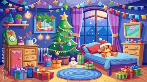 Children’s bedroom decorated for Christmas with colorful ornaments, stockings, toys, fairy lights, and a cheerful holiday mood