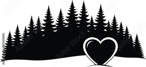 black silhouette of pine trees with heart shape on snowy ground  winter landscape Vector illustration