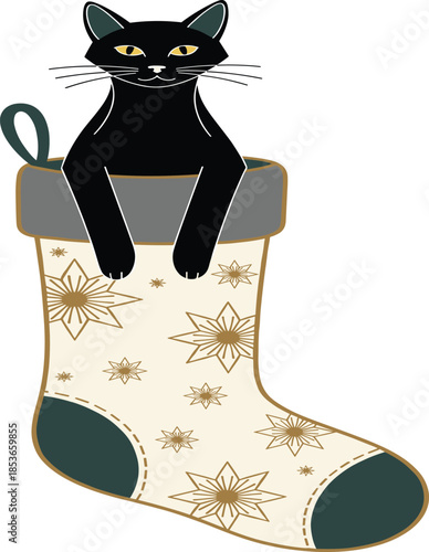Black Cat in Christmas Stocking Vector Illustration Isolated on White