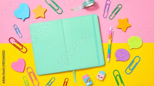 Colorful Stationery Flat Lay with Blank Notebook