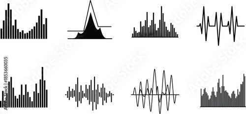 Black and white data visualization icon set, minimal vector illustrations of signal graphs, bar charts, waveforms, line plots, distribution patterns, analytics symbols, isolated on white background