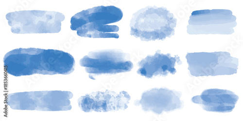 Set of blue marine watercolor stains. Deep blue translucent brushstrokes of various shapes. Cloudy nature shades, textured background, color background, vector graphics