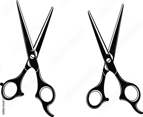 Black and white vector illustration of professional hair cutting scissors, barber tools, hairstylist equipment, salon accessories, precision grooming, ergonomic handle design