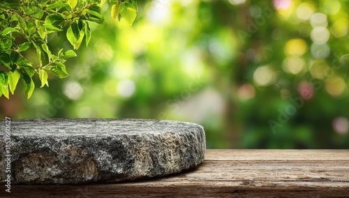 Wallpaper Mural Rustic stone podium on weathered wood table, lush green foliage background Torontodigital.ca
