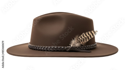 Cuadro en lienzo Brown fedora hat with feather isolated PNG on transparent background, stylish he