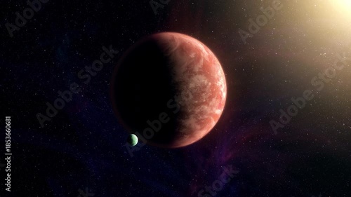 Cinematic motion render of sci fi space alien planet and moon near a glowing star, detailed exoplanet surface, deep space background, dramatic lighting, futuristic and mysterious mood