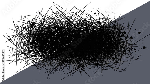 Abstract Black Scribble Overlay with Paint Splatter on White and Grey Background