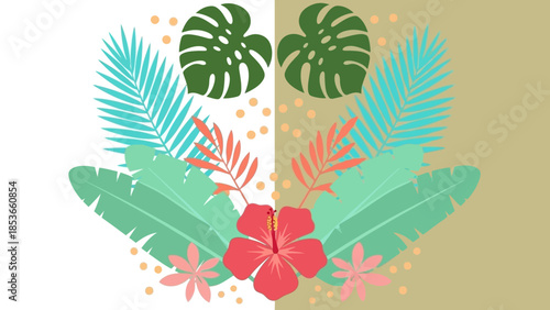 Tropical foliage and hibiscus flower arrangement on a split white and tan background, symbolizing nature's vibrant beauty