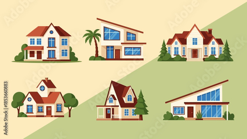 Collection of diverse architectural styles of houses and residential buildings depicted in a colorful illustration