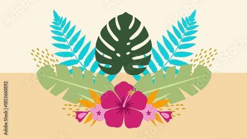 Tropical floral arrangement with vibrant hibiscus and lush green foliage