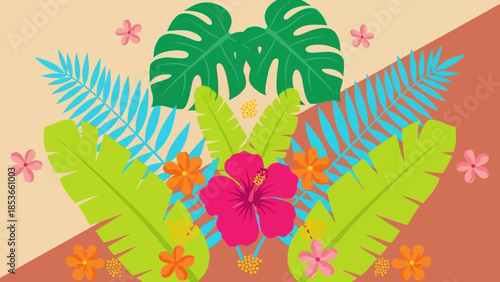 Vibrant Tropical Floral Arrangement with Lush Green Leaves and Exotic Flowers