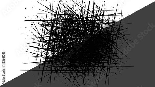Abstract chaotic ink splatter background with sharp lines forming a dense pattern on a split white and gray backdrop