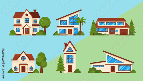 Collection of charming houses with unique architectural designs, surrounded by trees and lush greenery, offering a glimpse into idyllic residential living