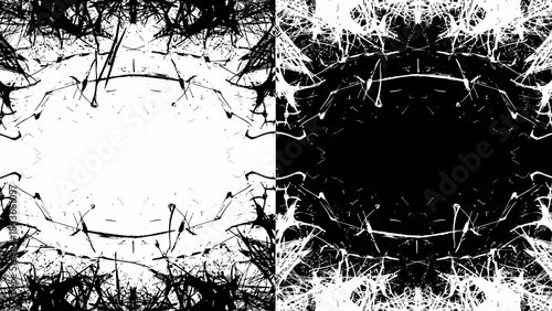 Abstract symmetrical design with a central oval void in black and white, creating a dynamic visual effect