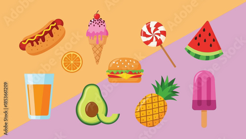 A vibrant and colorful assortment of delicious summer treats and refreshing drinks, perfect for a festive occasion