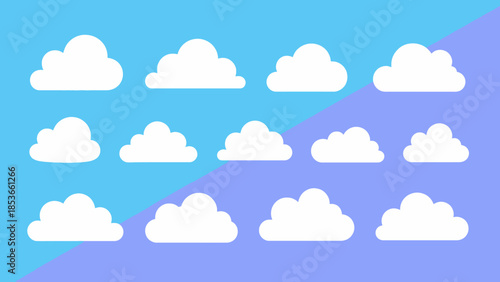 Collection of fluffy white clouds on a split blue and purple background, representing different shapes and sizes