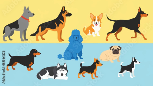 A vibrant collection of diverse dog breeds showcased in a playful and colorful illustration
