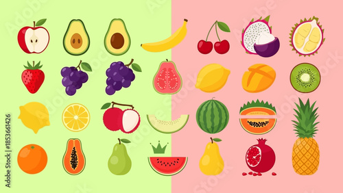 Vibrant Assortment of Fresh Fruits on a Split Background Healthy Eating and Natural Goodness