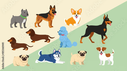 A charming collection of various dog breeds, featuring playful pups and loyal companions