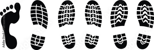Black footprint and shoe print icons, sole pattern symbol set, forensic vector graphics, tracking silhouette design, editable tread illustration for UI, apps, infographics