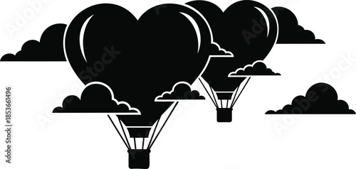 heart shaped hot air balloons flying in the sky with clouds Vector illustration