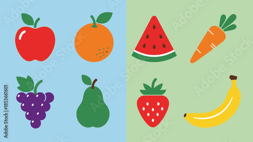 Collection of colorful cartoon fruits and vegetables including apple, orange, watermelon, carrot, grapes, pear, strawberry, and banana
