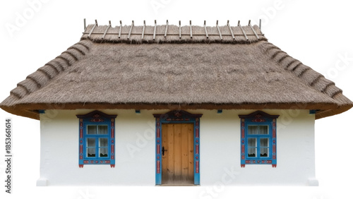 Schilderij op canvas Traditional Ukrainian house with thatched roof isolated PNG, rural architecture