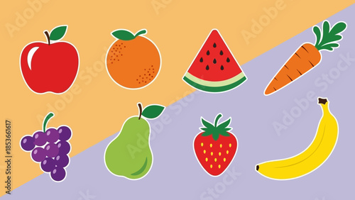 Vibrant Collection of Fresh Fruits and Vegetables Apples, Oranges, Watermelon, Carrots, Grapes, Pears, Strawberries, and Bananas