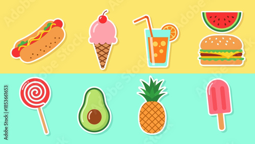 Bright and Colorful Summer Food and Drink Icons - Hot Dog, Ice Cream, Juice, Burger, Lollipop, Avocado, Pineapple, Popsicle