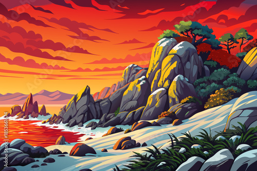 rocky seaside coast covered with hardy coastal shrubs and low vegetation, blending rugged stone textures with deep blue sea and resilient plant life