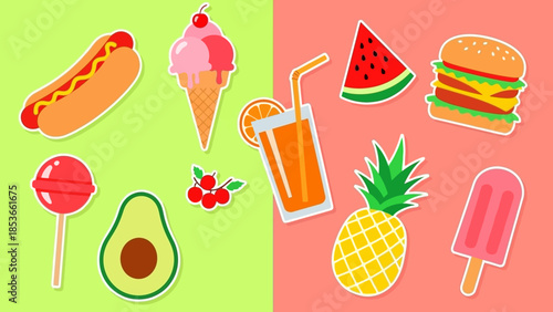 Colorful collection of delicious food and drink icons, perfect for summer themes and culinary art