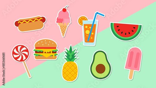 Collection of delicious summer food and drink icons, perfect for a fun and vibrant design