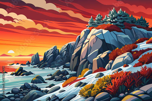 rocky seaside coast covered with hardy coastal shrubs and low vegetation, blending rugged stone textures with deep blue sea and resilient plant life