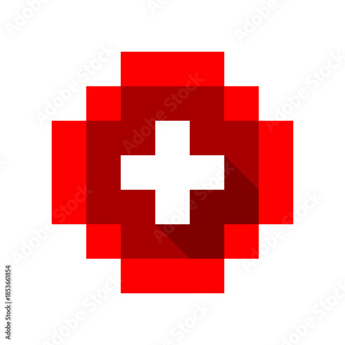 White cross on red circle medical pixel art icon vector design