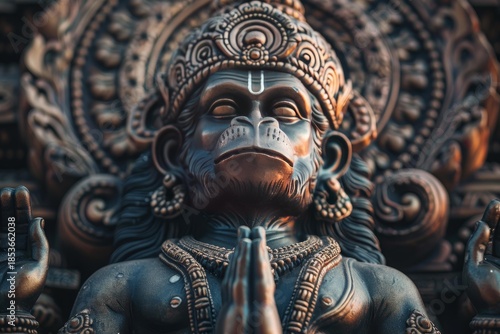 Wallpaper Mural Close up view of a striking hanuman statue, hands clasped in prayer, adorned with an elaborate crown and intricate jewelry Torontodigital.ca